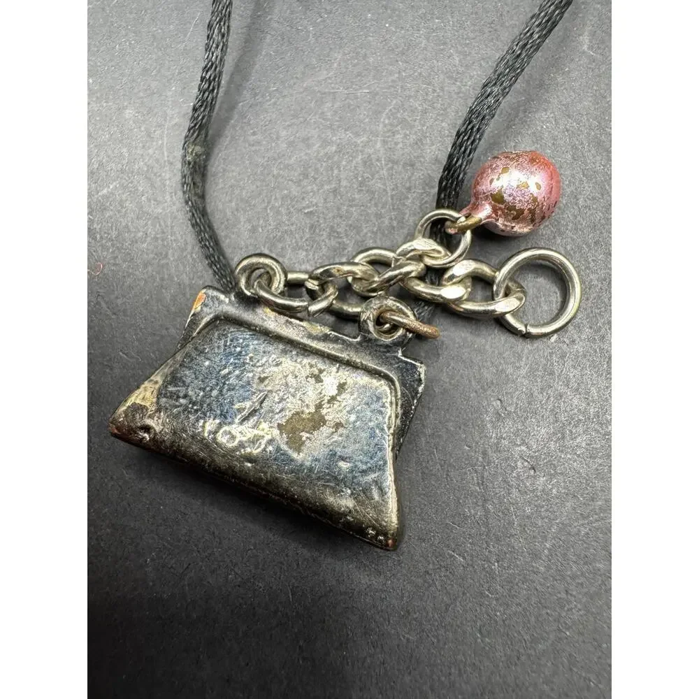 Vintage Silver Tone First Lady Purse Crystal Accent Pendant Necklace Black Cord